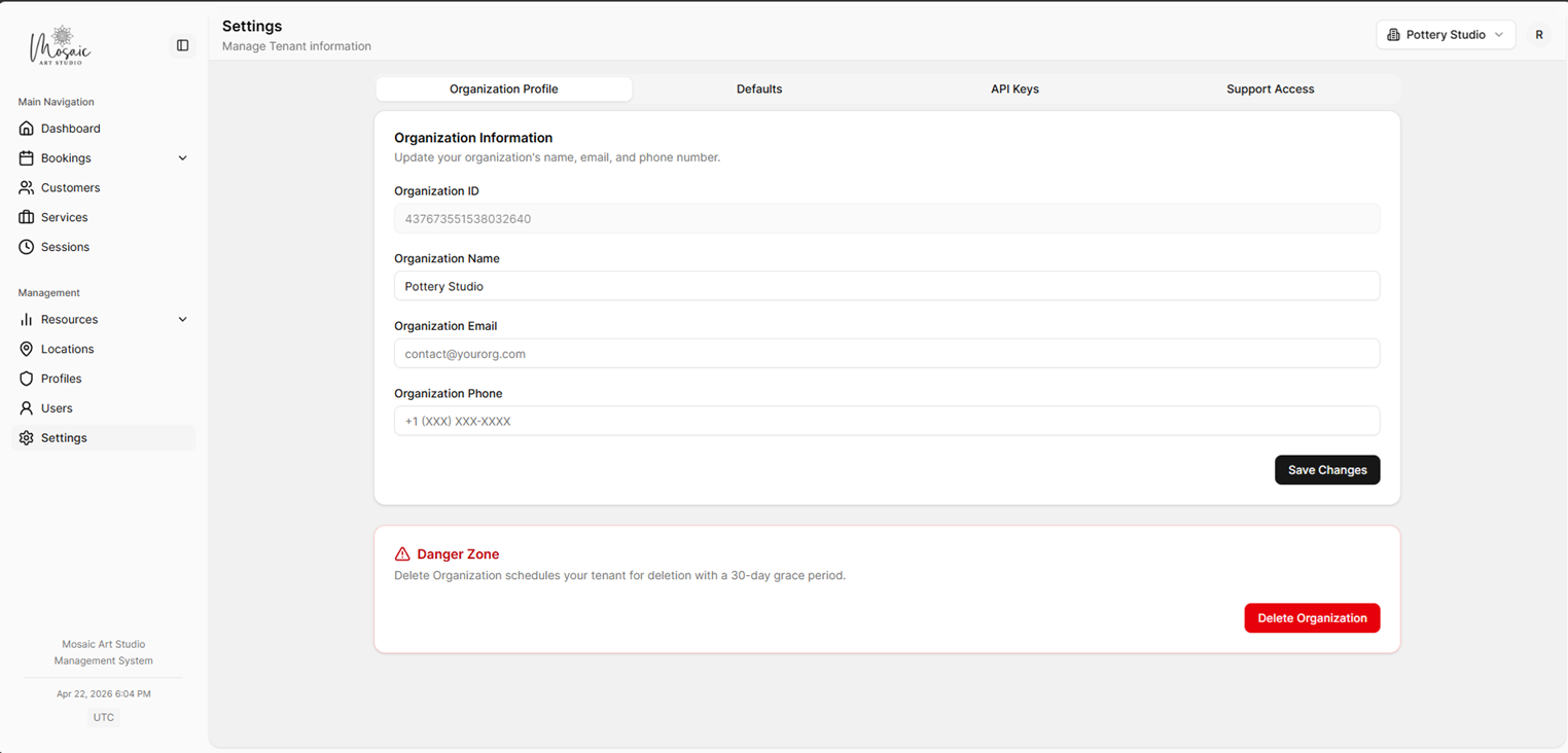 Organization Profile settings tab with name, email, phone, and Organization ID